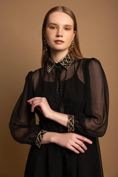 Shimona_Black Silk, Georgette Cut Work Collared Embroidered Dress _at_Aza_Fashions