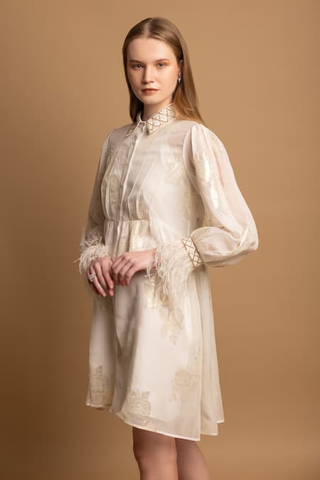 Shimona Ivory Silk, Georgette Embroidery, Cut Work Collared Floral Pattern Dress Online at Aza Fashions Shimona_Ivory Silk, Georgette Embroidery, Cut Work Collared Floral Pattern Dress _Online_at_Aza_Fashions