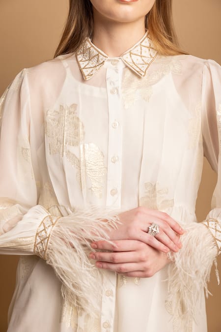 Buy Shimona Ivory Silk, Georgette Embroidery, Cut Work Collared Floral Pattern Dress Online at Aza Fashions Buy_Shimona_Ivory Silk, Georgette Embroidery, Cut Work Collared Floral Pattern Dress _Online_at_Aza_Fashions