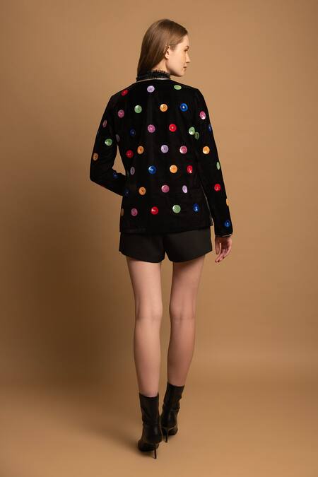 Shop Shimona Black Silk, Velvet Sequins Round Neck Embroidered Jacket at Aza Fashions Shop_Shimona_Black Silk, Velvet Sequins Round Neck Embroidered Jacket _at_Aza_Fashions