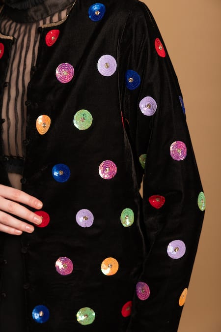 Shop Shimona Black Silk, Velvet Sequins Round Neck Embroidered Jacket Online at Aza Fashions Shop_Shimona_Black Silk, Velvet Sequins Round Neck Embroidered Jacket _Online_at_Aza_Fashions