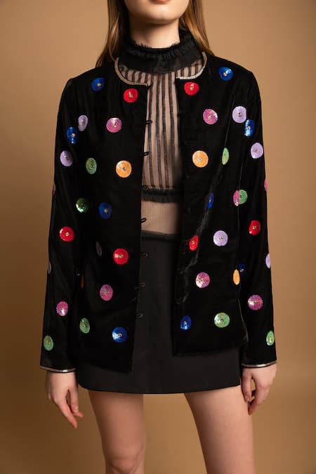 Shimona Black Silk, Velvet Sequins Round Neck Embroidered Jacket at Aza Fashions Shimona_Black Silk, Velvet Sequins Round Neck Embroidered Jacket _at_Aza_Fashions