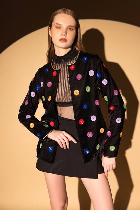 Buy Shimona Black Silk, Velvet Sequins Round Neck Embroidered Jacket Buy_Shimona_Black Silk, Velvet Sequins Round Neck Embroidered Jacket