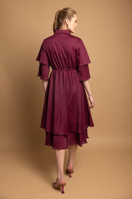 Shop Shimona Purple Cotton Satin Collared Sharp Solid Layered Dress at Aza Fashions Shop_Shimona_Purple Cotton Satin Collared Sharp Solid Layered Dress _at_Aza_Fashions