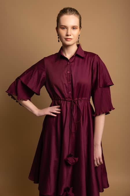 Shimona Purple Cotton Satin Collared Sharp Solid Layered Dress Online at Aza Fashions Shimona_Purple Cotton Satin Collared Sharp Solid Layered Dress _Online_at_Aza_Fashions