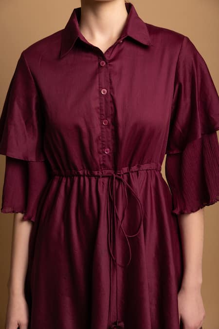 Buy Shimona Purple Cotton Satin Collared Sharp Solid Layered Dress Online at Aza Fashions Buy_Shimona_Purple Cotton Satin Collared Sharp Solid Layered Dress _Online_at_Aza_Fashions