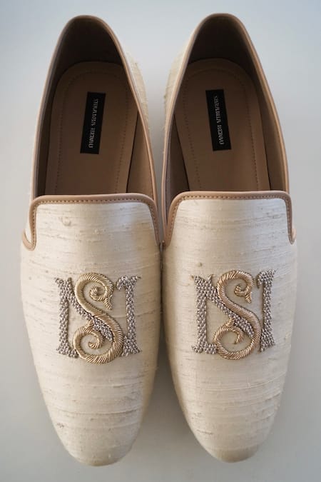 Shop_Shradha Hedau Footwear Couture_Beige Embroidery Luther Zardozi Work Mocassin  _at_Aza_Fashions
