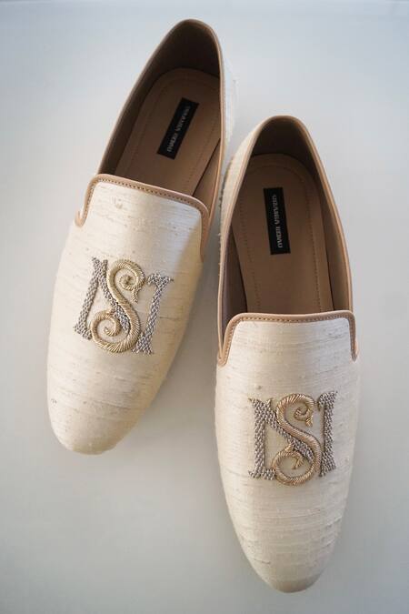 Buy_Shradha Hedau Footwear Couture_Beige Embroidery Luther Zardozi Work Mocassin  _Online_at_Aza_Fashions