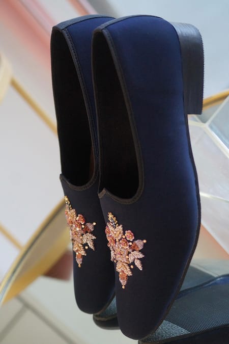Shop_Shradha Hedau Footwear Couture_Blue Embroidery Silas Cutdana Mojadi  _at_Aza_Fashions