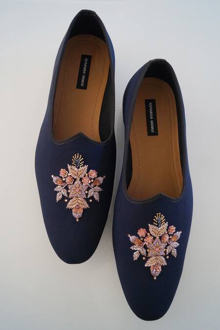 Shradha Hedau Footwear Couture_Blue Embroidery Silas Cutdana Mojadi  _Online_at_Aza_Fashions