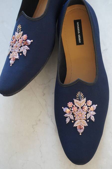 Buy_Shradha Hedau Footwear Couture_Blue Embroidery Silas Cutdana Mojadi  _Online_at_Aza_Fashions