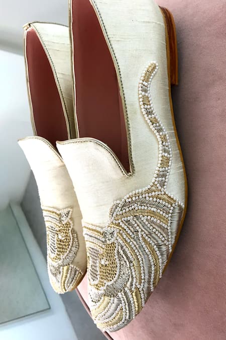 Shop Shradha Hedau Footwear Couture Beige Embroidery Simba Bead Mocassin at Aza Fashions Shop_Shradha Hedau Footwear Couture_Beige Embroidery Simba Bead Mocassin _at_Aza_Fashions