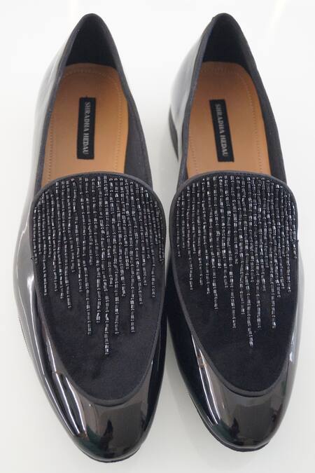 Shop Shradha Hedau Footwear Couture Black Embroidery Edward Stripe Mocassin at Aza Fashions Shop_Shradha Hedau Footwear Couture_Black Embroidery Edward Stripe Mocassin _at_Aza_Fashions