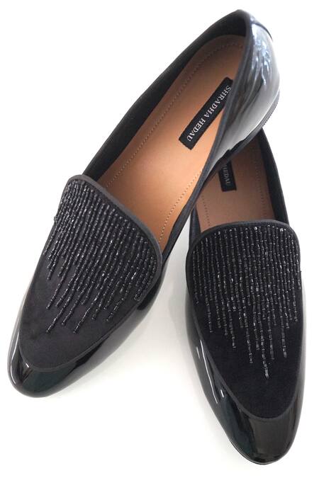 Shop Shradha Hedau Footwear Couture Black Embroidery Edward Stripe Mocassin Online at Aza Fashions Shop_Shradha Hedau Footwear Couture_Black Embroidery Edward Stripe Mocassin _Online_at_Aza_Fashions