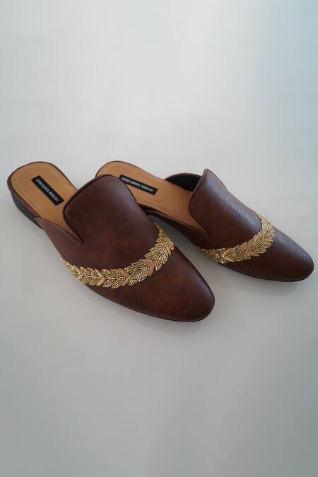Shradha Hedau Footwear Couture Brown Embroidery Archie Zardozi Placement Mules 