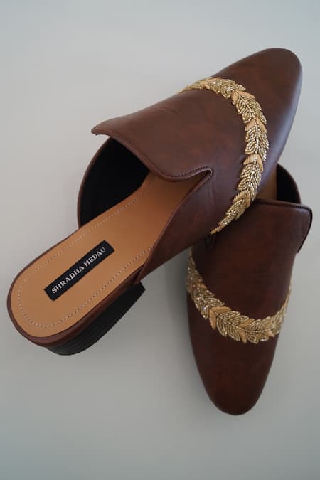 Shop_Shradha Hedau Footwear Couture_Brown Embroidery Archie Zardozi Placement Mules  _at_Aza_Fashions