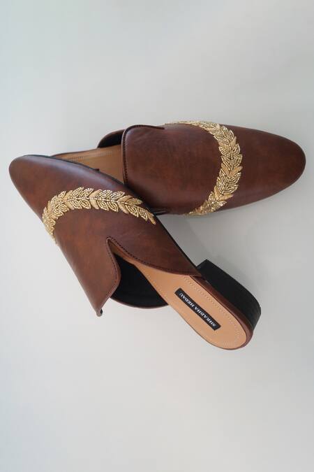 Shradha Hedau Footwear Couture_Brown Embroidery Archie Zardozi Placement Mules  _Online_at_Aza_Fashions