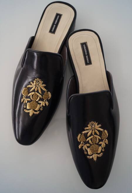 Shop Shradha Hedau Footwear Couture Black Embroidery Max Floral Butta Mules at Aza Fashions Shop_Shradha Hedau Footwear Couture_Black Embroidery Max Floral Butta Mules _at_Aza_Fashions