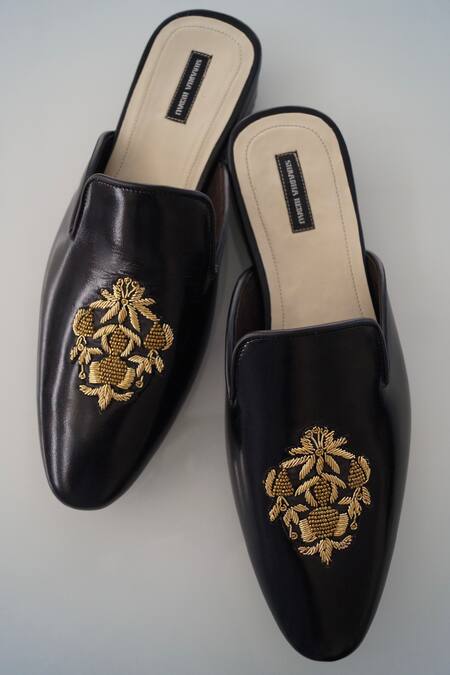 Shradha Hedau Footwear Couture Black Embroidery Max Floral Butta Mules Online at Aza Fashions Shradha Hedau Footwear Couture_Black Embroidery Max Floral Butta Mules _Online_at_Aza_Fashions