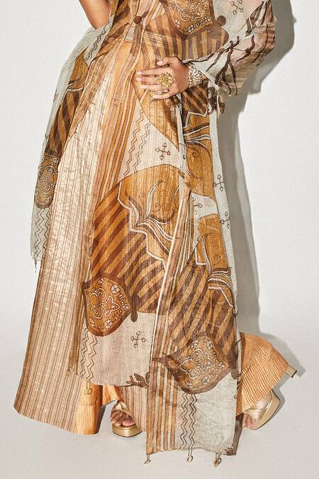 Kritika Murarka_Orange Embroidery Colorblock Stripe Woven Skirt_Online_at_Aza_Fashions