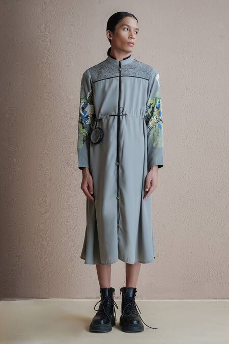 Anurag Gupta Grey Georgette High Neck Germ Print Straight Dress Online at Aza Fashions Anurag Gupta_Grey Georgette High Neck Germ Print Straight Dress _Online_at_Aza_Fashions