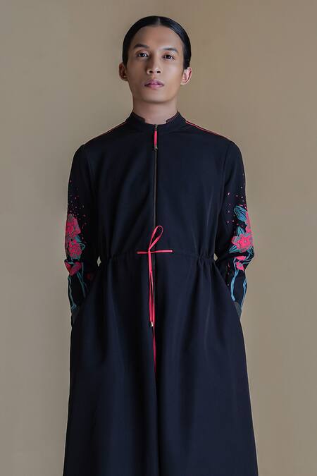 Anurag Gupta Black Crepe Embroidery High Neck Floral Print Midi Dress Online at Aza Fashions Anurag Gupta_Black Crepe Embroidery High Neck Floral Print Midi Dress _Online_at_Aza_Fashions