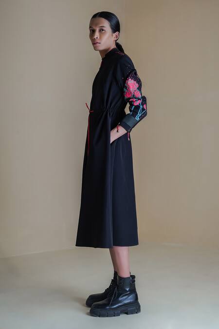 Anurag Gupta Black Crepe Embroidery High Neck Floral Print Midi Dress at Aza Fashions Anurag Gupta_Black Crepe Embroidery High Neck Floral Print Midi Dress _at_Aza_Fashions