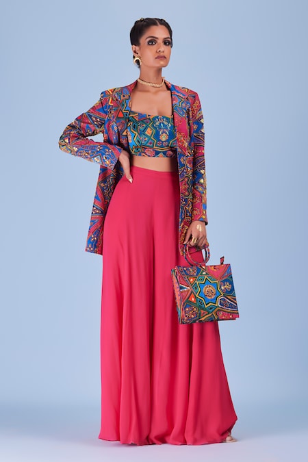 DiyaRajvvir Fuchsia Top Modal Printed Geometric Blazer Notched And Sharara Set 