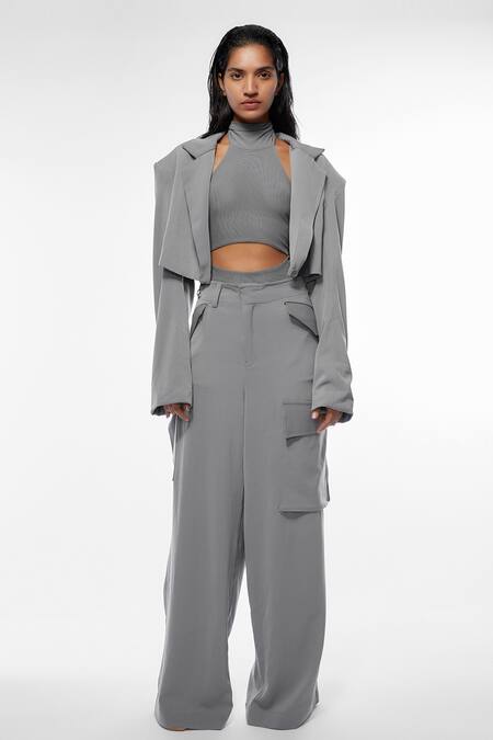 Buy Deme By Gabriella Grey Net Embroidery Collared Cropped Jacket And High Waist Pant Set at Aza Fashions Buy_Deme By Gabriella_Grey Net Embroidery Collared Cropped Jacket And High Waist Pant Set_at_Aza_Fashions