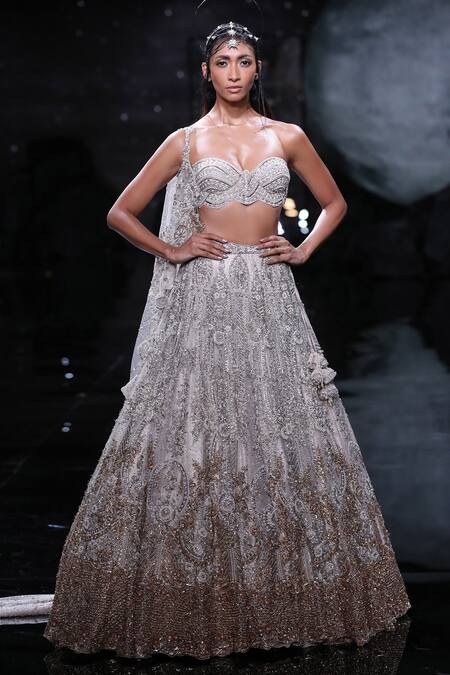 Dolly J_Ivory Tulle, Silk Pearls, Crystals, Beads Pandora Embroidered Lehenga Set _at_Aza_Fashions