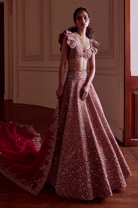 Shop Mrunalini Rao Pink Silk, Organza Embroidery, Zari Taara Bloom Zardozi Work Lehenga Set Shop_Mrunalini Rao_Pink Silk, Organza Embroidery, Zari Taara Bloom Zardozi Work Lehenga Set