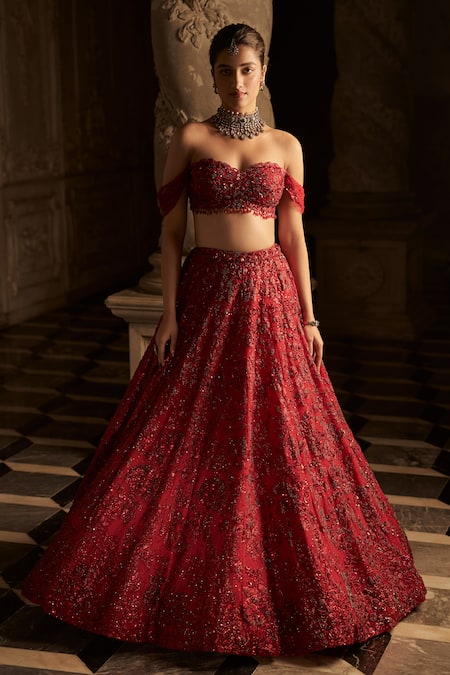 Buy Fuchsia Hand Embroidered Off-Shoulder Top With Lehenga by Designer  NUPUR KANOI Online at Ogaan.com