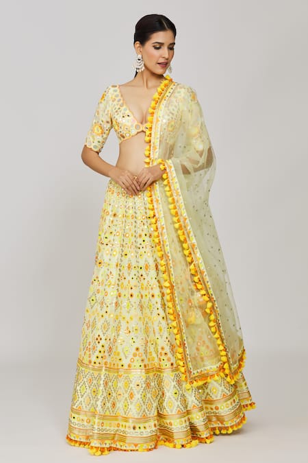 Buy_Gopi Vaid_Yellow Georgette, Viscose, Net Mirrors, Sequins, Anha Bridal Lehenga Set 