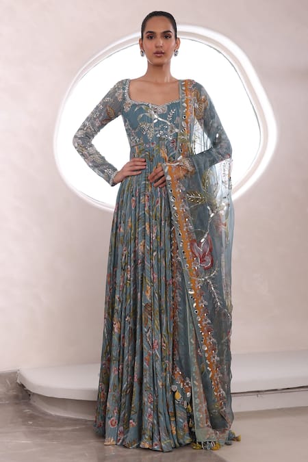 Mahima Mahajan Grey Lurex Chiffon Embellished Floral Alayna Mirrorwork Anarkali With Dupatta 