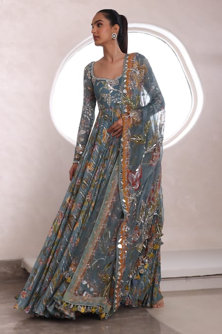 Buy_Mahima Mahajan_Grey Organza, Lurex Sequins, Alayna Mirrorwork Embellished Anarkali With Dupatta _Online_at_Aza_Fashions