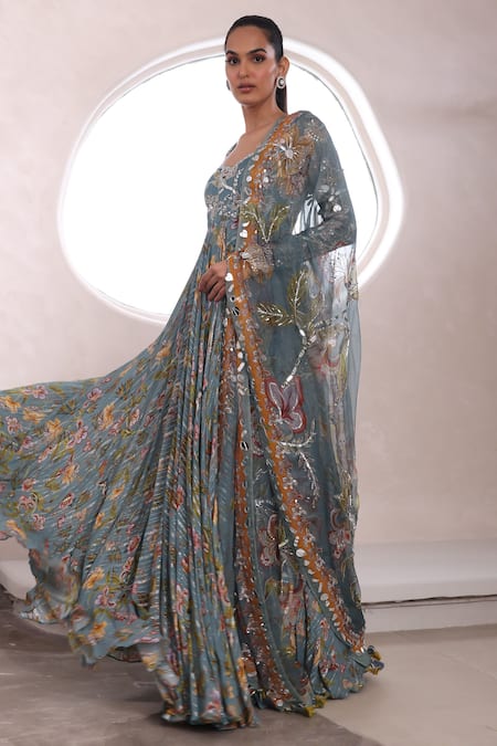 Shop_Mahima Mahajan_Grey Organza, Lurex Sequins, Alayna Mirrorwork Embellished Anarkali With Dupatta _Online_at_Aza_Fashions