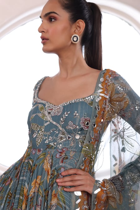 Mahima Mahajan_Grey Organza, Lurex Sequins, Alayna Mirrorwork Embellished Anarkali With Dupatta _at_Aza_Fashions