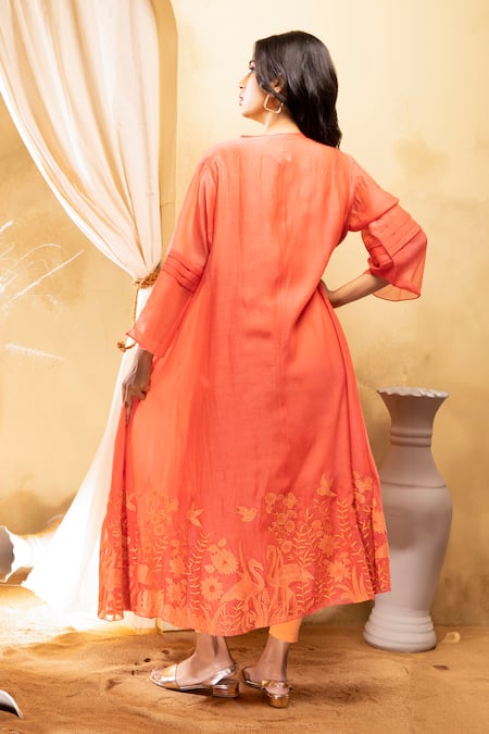 Shop The White Tree Studio Coral Jacket- Cotton Silk Applique Landscape Kurta Round Botanic Set With at Aza Fashions Shop_The White Tree Studio_Coral Jacket- Cotton Silk Applique Landscape Kurta Round Botanic Set With _at_Aza_Fashions