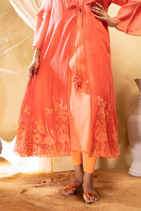 Buy The White Tree Studio Coral Jacket- Cotton Silk Applique Landscape Kurta Round Botanic Set With Online at Aza Fashions Buy_The White Tree Studio_Coral Jacket- Cotton Silk Applique Landscape Kurta Round Botanic Set With _Online_at_Aza_Fashions