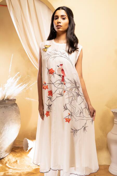 Buy Off White Jacket- Cotton Silk Embroidered Bird Round Kurta And