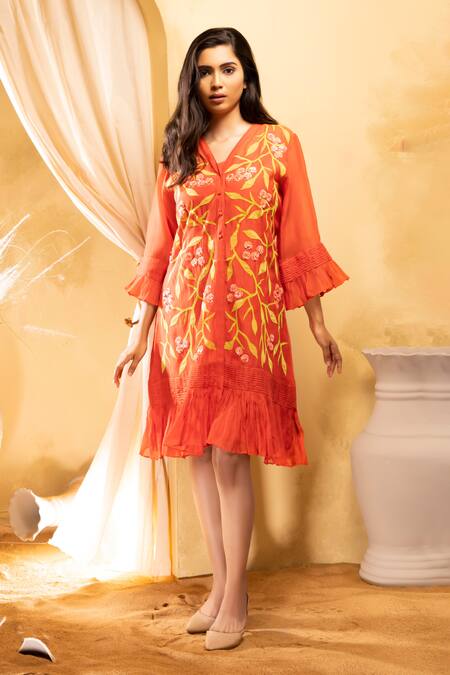 The White Tree Studio_Orange Chanderi, Cotton Embroidery V-neck 3d Floral Dress _Online_at_Aza_Fashions