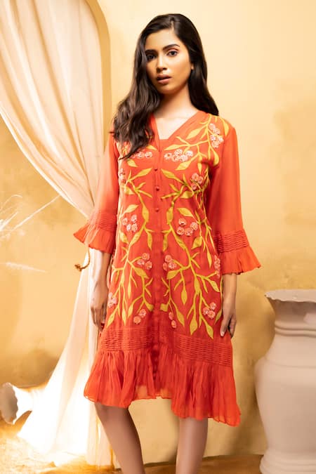 Buy_The White Tree Studio_Orange Chanderi, Cotton Embroidery V-neck 3d Floral Dress _Online_at_Aza_Fashions