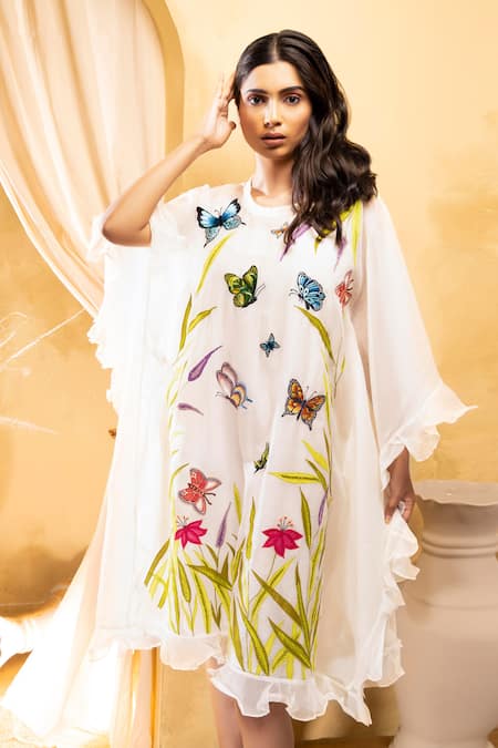 The White Tree Studio Off White Chanderi, Cotton Embroidery Round Neck Butterfly Kaftan Online at Aza Fashions The White Tree Studio_Off White Chanderi, Cotton Embroidery Round Neck Butterfly Kaftan _Online_at_Aza_Fashions