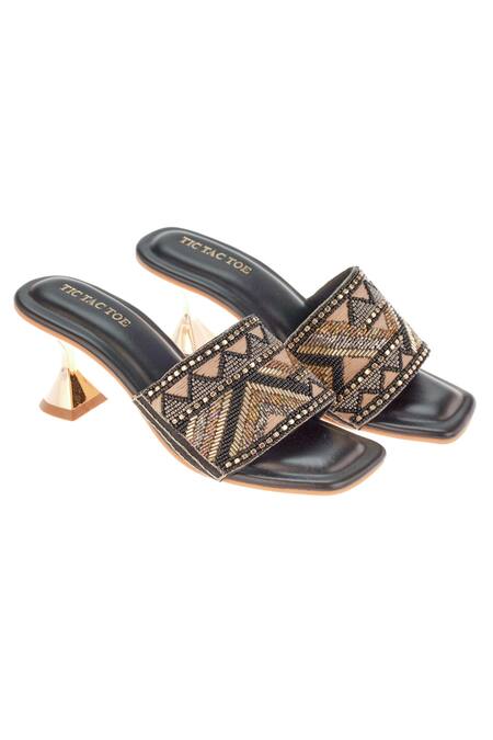 Shop Tic Tac Toe Footwear Black Embroidery Cutdana Pyramid Heels Shop_Tic Tac Toe Footwear_Black Embroidery Cutdana Pyramid Heels