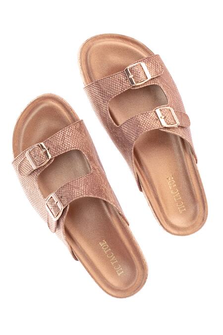 Shop_Tic Tac Toe Footwear_Silver Animal Skin Double Buckle Strap Flats_Online_at_Aza_Fashions