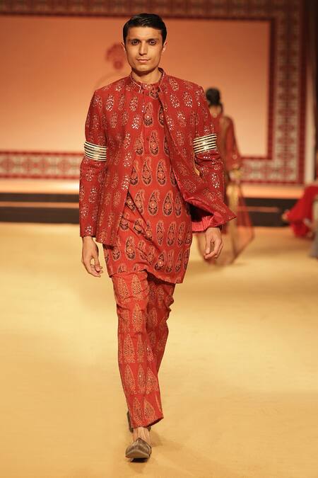 Shop Nitya Bajaj Red Cotton Linen Hand Block Printed Ajrakh Bandhgala And Kurta Set at Aza Fashions Shop_Nitya Bajaj_Red Cotton Linen Hand Block Printed Ajrakh Bandhgala And Kurta Set _at_Aza_Fashions