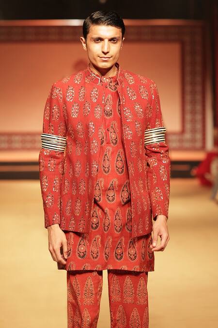 Nitya Bajaj Red Cotton Linen Hand Block Printed Ajrakh Bandhgala And Kurta Set Online at Aza Fashions Nitya Bajaj_Red Cotton Linen Hand Block Printed Ajrakh Bandhgala And Kurta Set _Online_at_Aza_Fashions