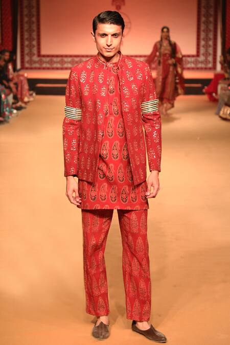 Buy Nitya Bajaj Red Cotton Linen Hand Block Printed Ajrakh Bandhgala And Kurta Set Online at Aza Fashions Buy_Nitya Bajaj_Red Cotton Linen Hand Block Printed Ajrakh Bandhgala And Kurta Set _Online_at_Aza_Fashions