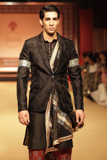 Nitya Bajaj_Black Jacquard, Modal, Silk Floral Woven Blazer Pant Set With Dupatta_Online_at_Aza_Fashions