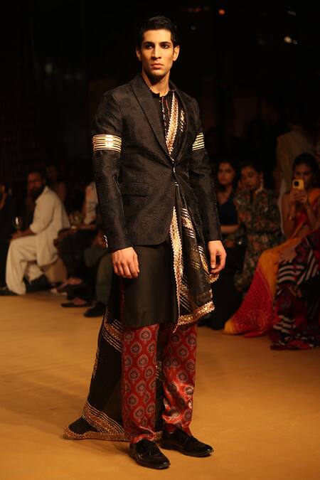 Shop_Nitya Bajaj_Black Jacquard, Modal, Silk Floral Woven Blazer Pant Set With Dupatta_Online_at_Aza_Fashions